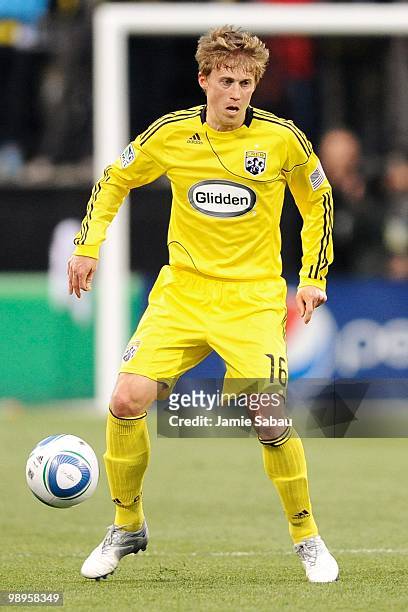 Brian Carroll of the Columbus Crew controls the ball against the New England Revolution on May 8, 2010 at Crew Stadium in Columbus, Ohio.