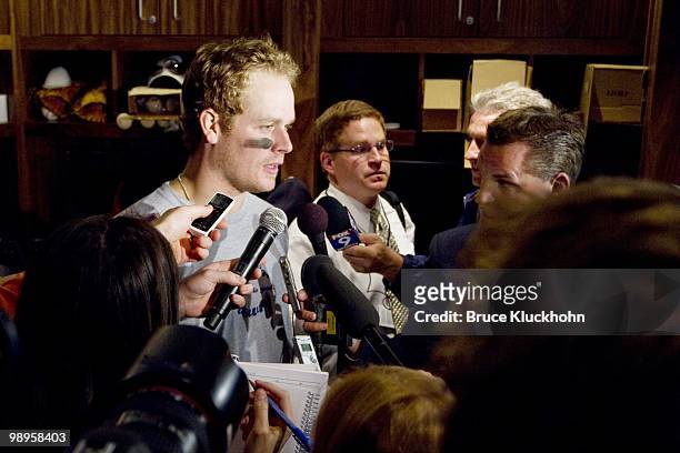 Justin Morneau of the Minnesota Twins talks with the media after the game against the Detroit Tigers on May 5, 2010 at Target Field in Minneapolis,...