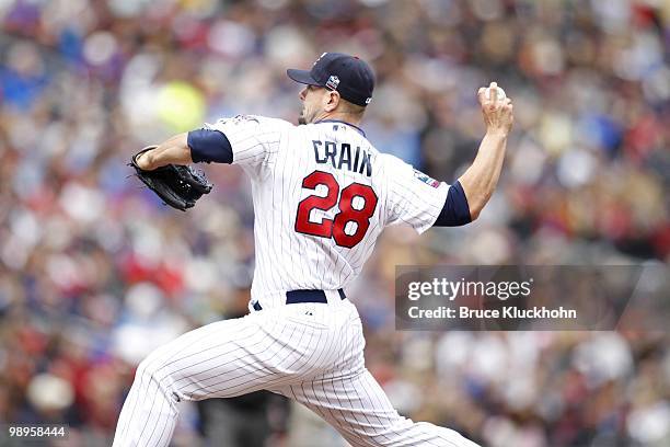 Jesse Crain of the Minnesota Twins pitches to the Detroit Tigers on May 5, 2010 at Target Field in Minneapolis, Minnesota. The Twins won 5-4.