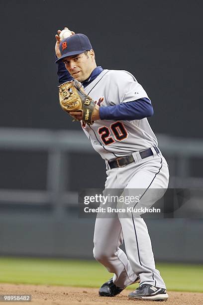 Scott Sizemore of the Detroit Tigers fields a ball hit by the Minnesota Twins on May 5, 2010 at Target Field in Minneapolis, Minnesota. The Twins won...