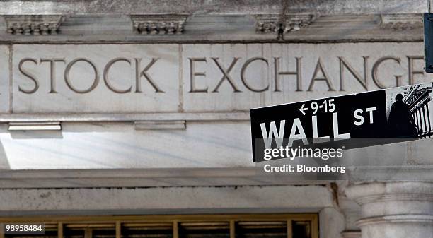 Wall Street sign hangs outside the New York Stock Exchage in New York, U.S., on Monday, May 10, 2010. Stocks rallied around the world, sending the...