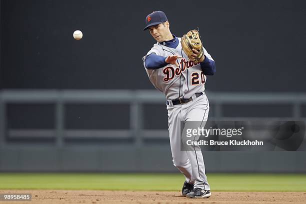Scott Sizemore of the Detroit Tigers fields a ball hit by the Minnesota Twins on May 5, 2010 at Target Field in Minneapolis, Minnesota. The Twins won...