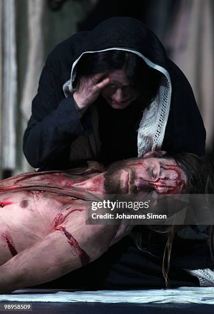 Frederik Mayet as Jesus Christ and Andrea Hecht as his mother Mary perform on stage during the Oberammergau passionplay 2010 final dress rehearsal on...