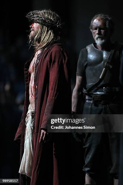 Andreas Richter as Jesus Christ performs on stage during the Oberammergau passionplay 2010 final dress rehearsal on May 10, 2010 in Oberammergau,...