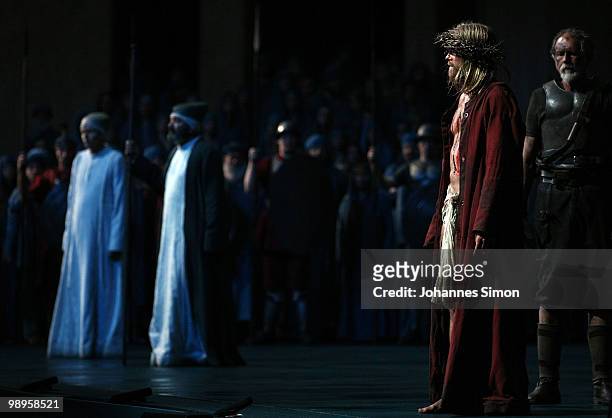 Andreas Richter as Jesus Christ performs on stage during the Oberammergau passionplay 2010 final dress rehearsal on May 10, 2010 in Oberammergau,...