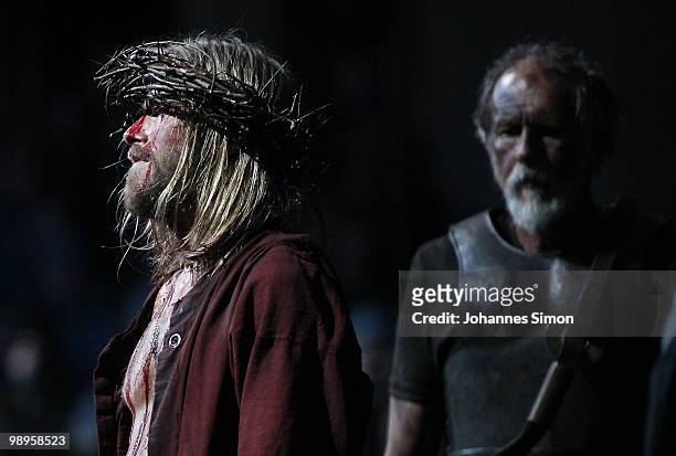 Andreas Richter as Jesus Christ performs on stage during the Oberammergau passionplay 2010 final dress rehearsal on May 10, 2010 in Oberammergau,...
