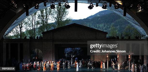 The scene of Jesus Christ's crucifixion is seen during the Oberammergau passionplay 2010 final dress rehearsal on May 10, 2010 in Oberammergau,...