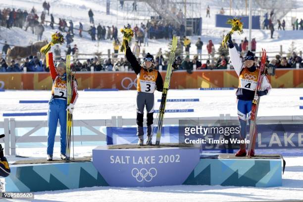Winter Olympic Games : Salt Lake City, Joie Stefani Belmondo Celebrates Her Gold Medal Victory In The Women'S 15Km Cross Country Skiing. She Is...