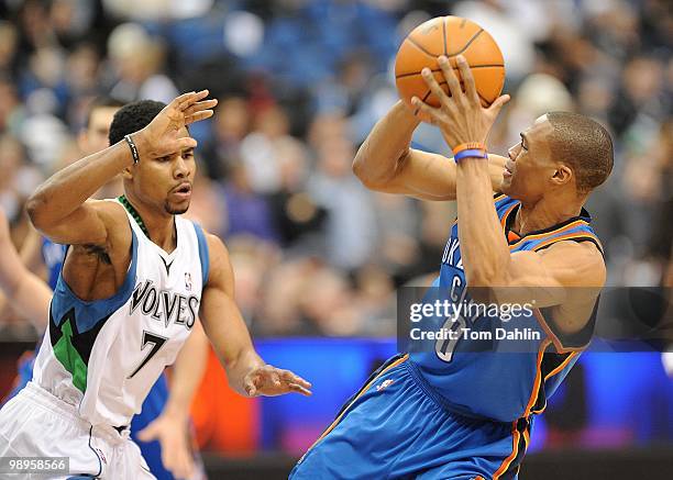 Russell Westbrook of the Oklahoma City Thunder goes up for a shot against Ramon Sessions of the Minnesota Timberwolves during the game on February...