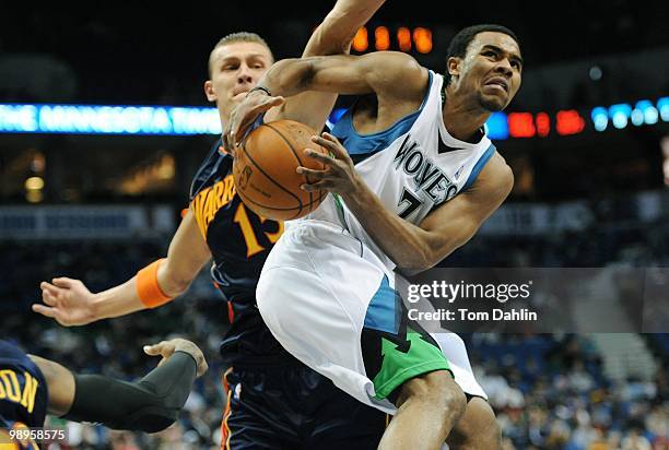 Ramon Sessions of the Minnesota Timberwolves goes up for a shot against Andris Biedrins of the Golden State Warriors during the game on January 6,...