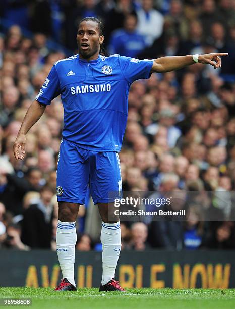 Didier Drogba of Chelsea gestures during the Barclays Premier League match between Chelsea and Wigan Athletic at Stamford Bridge on May 9, 2010 in...