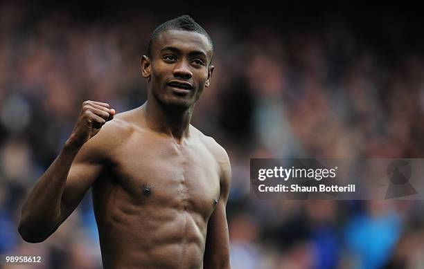 Salomon Kalou of Chelsea celebrates as he scores their third goal during the Barclays Premier League match between Chelsea and Wigan Athletic at...