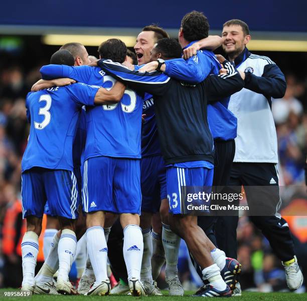 Players celebrate as they win the title after the Barclays Premier League match between Chelsea and Wigan Athletic at Stamford Bridge on May 9, 2010...