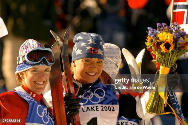 Winter Olympic Games : Salt Lake City, 2/09/02, Huntsville, Utah, United States --- Gold Medal Winner Kari Traa Is Flanked By Silver Medalist Shannon...