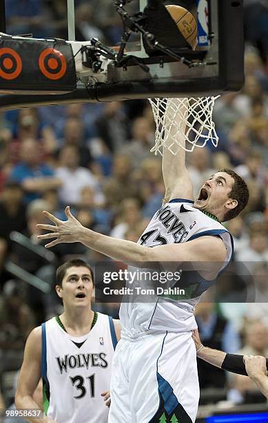 Kevin Love of the Minnesota Timberwolves shoots a layup against the Sacramento Kings during the game on March 31, 2010 at the Target Center in...