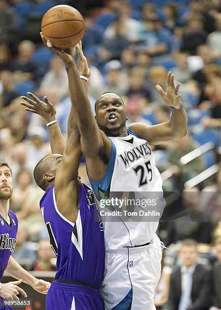 Al Jefferson of the Minnesota Timberwolves shoots a layup against the Sacramento Kings during the game on March 31, 2010 at the Target Center in...