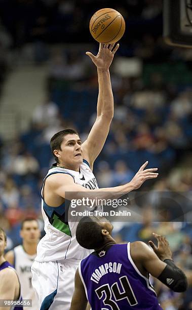 Darko Milicic of the Minnesota Timberwolves shoots over Jason Thompson of the Sacramento Kings during the game on March 31, 2010 at the Target Center...