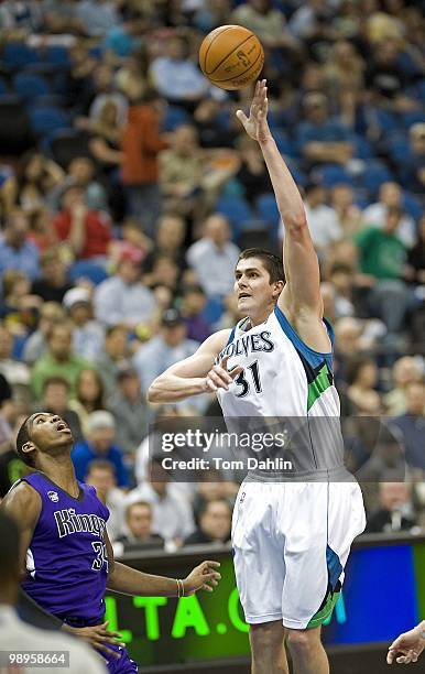 Darko Milicic of the Minnesota Timberwolves shoots against Jason Thompson of the Sacramento Kings during the game on March 31, 2010 at the Target...