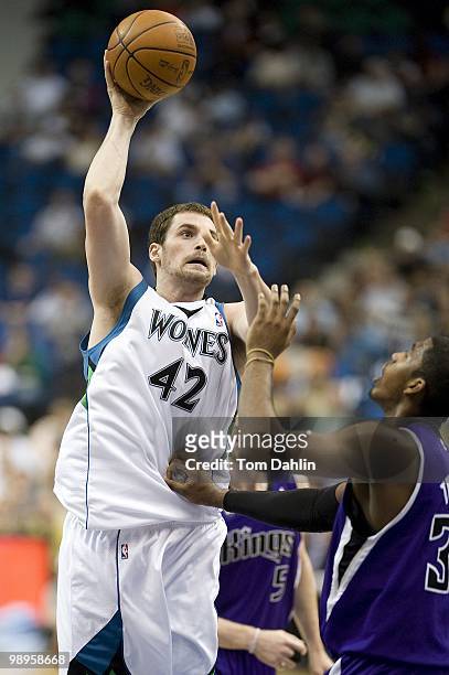 Kevin Love of the Minnesota Timberwolves goes up for a shot against Jason Thompson of the Sacramento Kings during the game on March 31, 2010 at the...