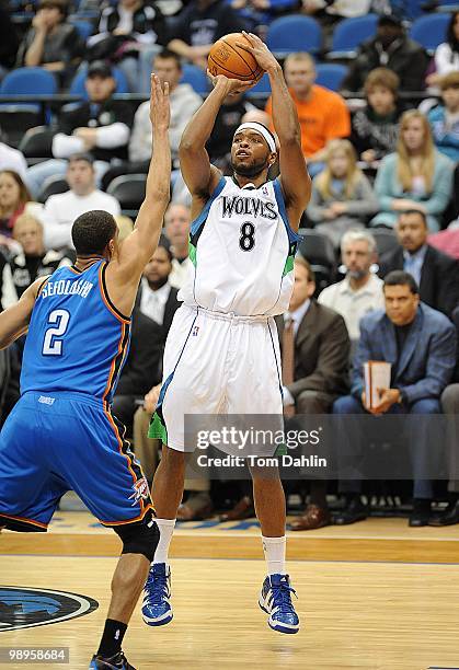 Ryan Gomes of the Minnesota Timberwolves shoots a jumper against Thabo Sefolosha of the Oklahoma City Thunder during the game on February 21, 2010 at...