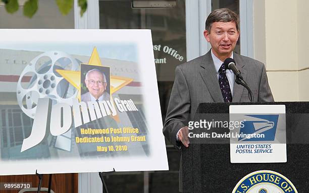 Hollywood Chamber of Commerce presdent and CEO Leron Gubler speaks during the Johnny Grant post office dedication at the Hollywood post office on May...