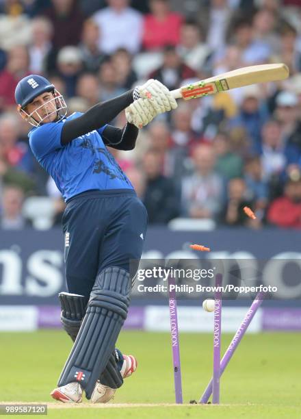 Alex Hales of England is bowled for 67 runs in the 4th Royal London One Day International between England and New Zealand at Trent Bridge,...