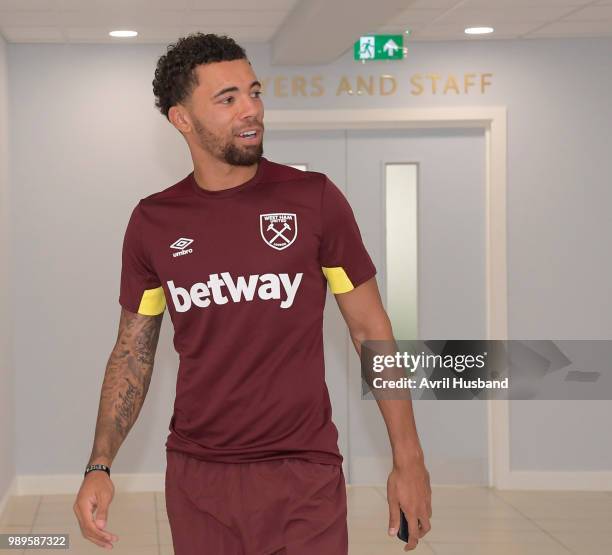 Ryan Fredericks of West Ham United wears the new training clothing during the first day back of pre-season at Rush Green on July 2, 2018 in Romford,...