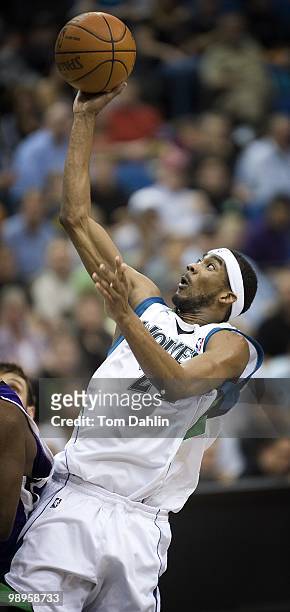 Corey Brewer of the Minnesota Timberwolves shoots a layup against the Sacramento Kings during the game on March 31, 2010 at the Target Center in...