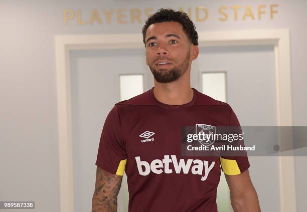 Ryan Fredericks of West Ham United wears the new training clothing during the first day back of pre-season at Rush Green on July 2, 2018 in Romford,...