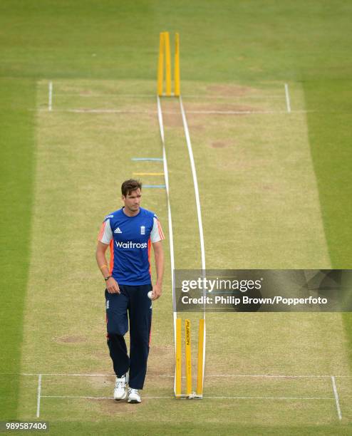 Steven Finn of England works on his bowling length during a training session before the 5th Royal London One Day International between England and...