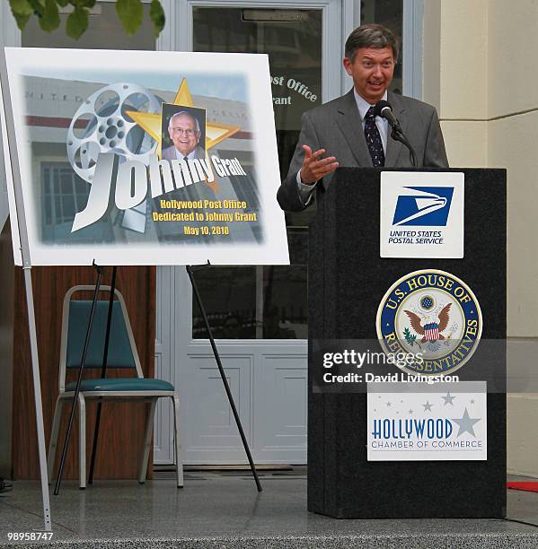 Hollywood Chamber of Commerce presdent and CEO Leron Gubler speaks during the Johnny Grant post office dedication at the Hollywood post office on May...