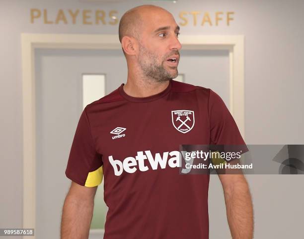 Pablo Zabaleta of West Ham United wears the new training clothing during the first day back of pre-season at Rush Green on July 2, 2018 in Romford,...