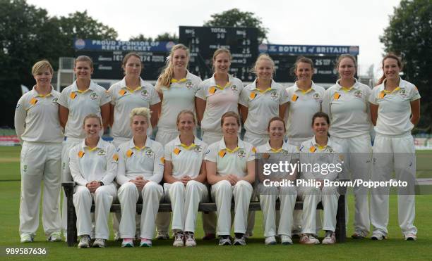 The Australian players line up for a team photo before the start of play on day four of the Women's Ashes Test match between England Women and...