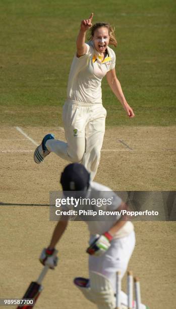 Ellyse Perry of Australia celebrates after dismissing Lydia Greenway of England during the Women's Ashes Test match between England Women and...