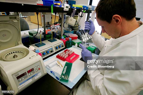 Lab technician Jarrod Morgan tests DNA samples at Pathway Genomics Corp. In San Diego, California, U.S., on Monday, May 10, 2010. Pathway Genomics is...
