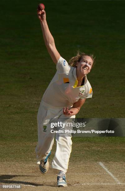 Ellyse Perry of Australia bowls during the Women's Ashes Test match between England Women and Australia Women at the St Lawrence Ground, Canterbury,...