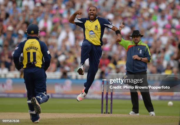 Jeetan Patel of Birmingham Bears celebrates after dismissing Alex Wakely of Northamptonshire during the Natwest Blast T20 Semi Final between...