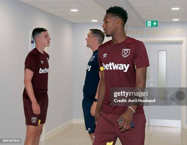 Reece Oxford of West Ham United wears the new training clothing during the first day back of pre-season at Rush Green on July 2, 2018 in Romford,...