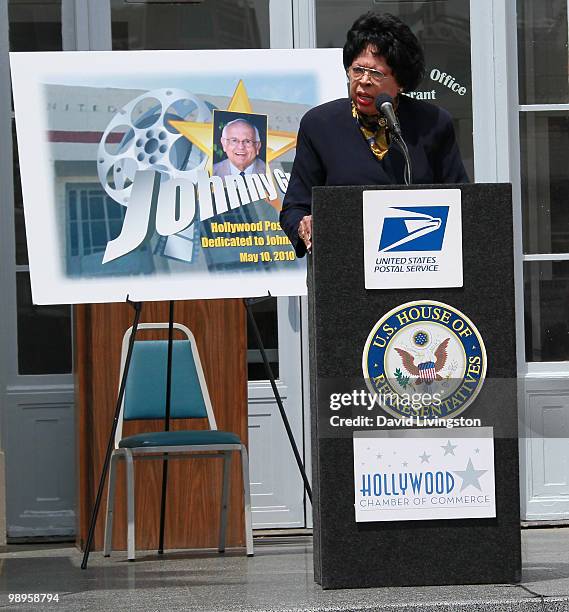 Congresswoman Diane E. Watson speaks at the podium during the Johnny Grant post office dedication at the Hollywood post office on May 10, 2010 in Los...