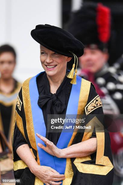 Singer Annie Lennox OBE attends the Glasgow Caledonian University where she was being installed as the new Chancellor on July 2, 2018 in Glasgow,...