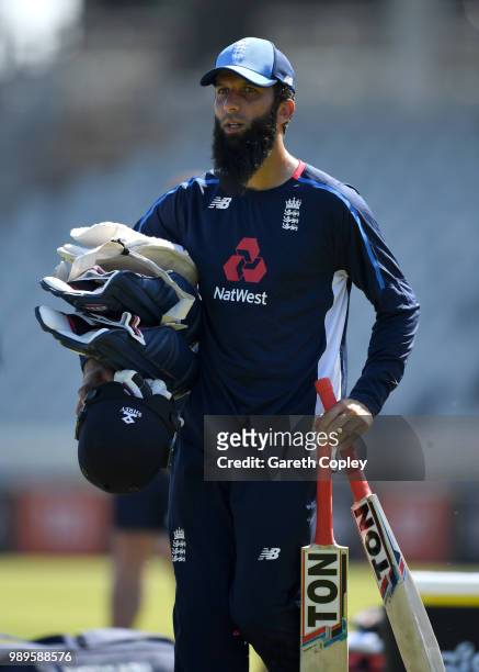 Moeen Ali of England during a net session at Emirates Old Trafford on July 2, 2018 in Manchester, England.
