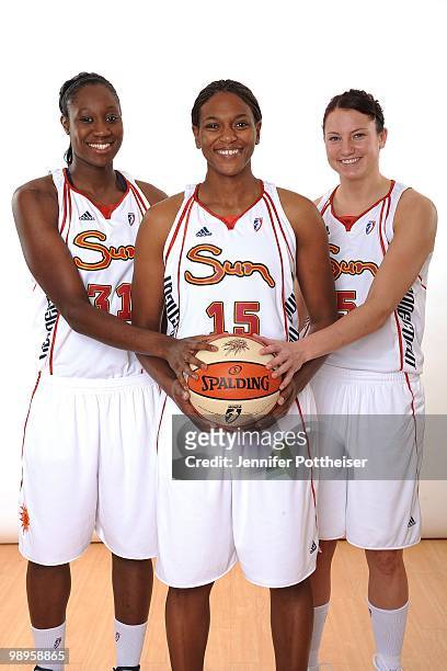 Tina Charles, Asjha Jones, Kelsey Griffin of the Connecticut Sun poses for a group photo during the 2010 WNBA Media Day on April 26, 2010 at Mohegan...