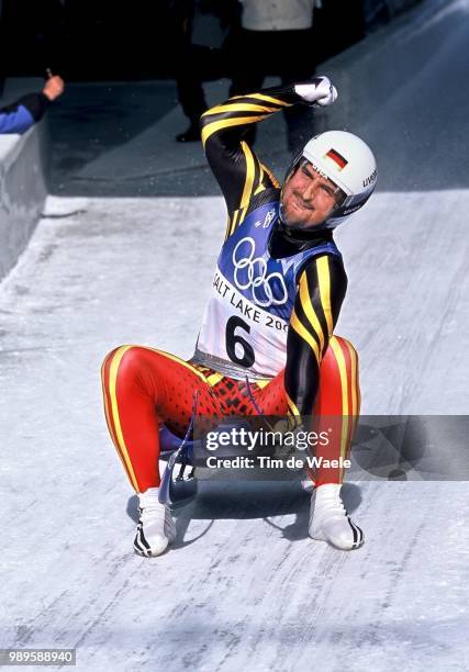 Winter Olympic Games : Salt Lake City, Joie Vreugde /2/11/02, Salt Lake City, Utah, United States --- Georg Hackl Celebrates His Silver Medal Winning...