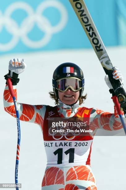 Winter Olympic Games : Salt Lake City, 2/12/02, Huntsville, Utah, United States --- Carole Montillet Of France Celebrates Her Gold Medal Finish In...