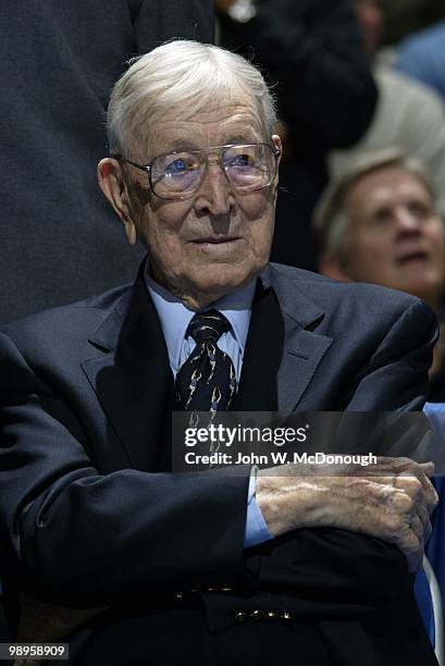 Former UCLA head coach John Wooden during game vs Michigan State. Wooden was honored at Pauley Pavilion with the court being named the Nell & John...