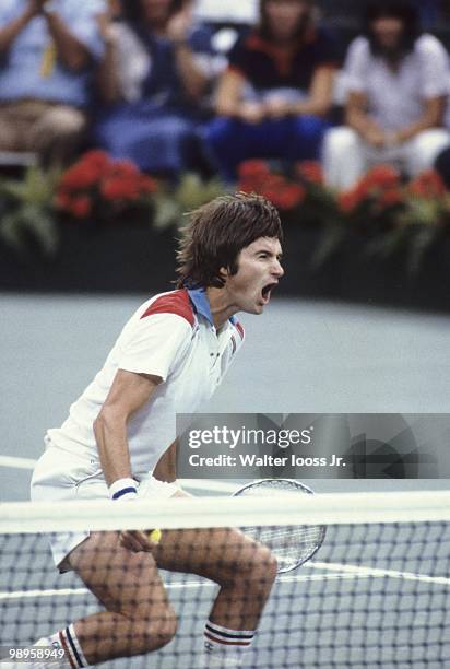 Jimmy Connors victorious after winning Men's Semifinals match vs USA John McEnroe at National Tennis Center. Flushing, NY 9/8/1979 CREDIT: Walter...