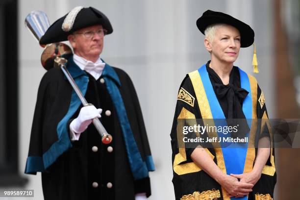 Singer Annie Lennox OBE attends the Glasgow Caledonian University where she was being installed as the new Chancellor on July 2, 2018 in Glasgow,...