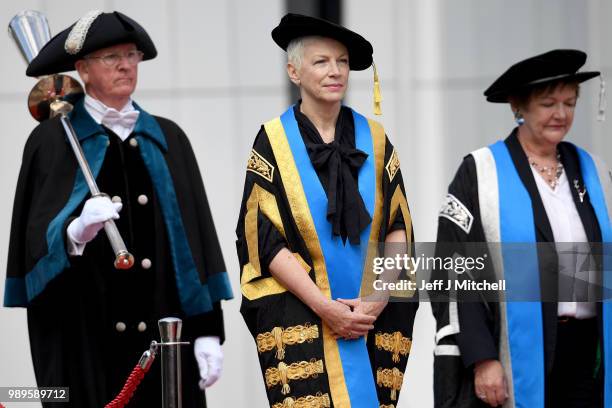 Singer Annie Lennox OBE attends the Glasgow Caledonian University where she was being installed as the new Chancellor on July 2, 2018 in Glasgow,...