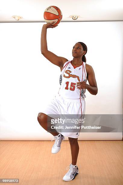 Asjha Jones of the Connecticut Sun poses for a portrait during the 2010 WNBA Media Day on April 26, 2010 at Mohegan Sun Arena in Uncasville,...
