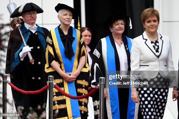 Singer Annie Lennox OBE attends the Glasgow Caledonian University where she was being installed as the new Chancellor on July 2, 2018 in Glasgow,...